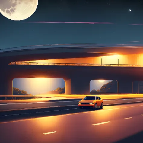 Make a pixel art of a car driving at night on the highway with the moon light above