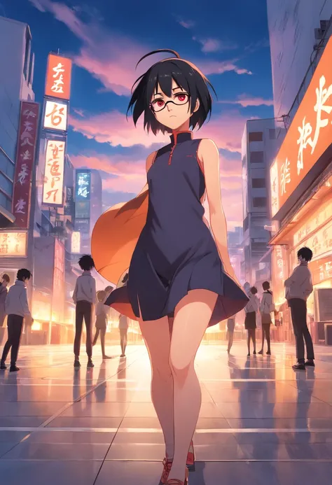 Naruto,Uchiha Sarada,manga,dusk,masterpiece,comic,girl,multiple_girls,short hair,black hair,spiked hair,straight hair,single braid,swept bangs,light blush,scowl,red eyes,solid circle eyes,small breasts,sleeveless dress,black pantyhose,bound legs,high heels...