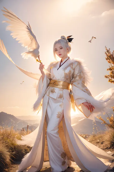 Girl, white hair, blonde dye, golden eyes, thick eyelashes, cuteness, freedom, fatalism, celluloid, two-dimensional, colorful feathers, birds, and wind, onmyoji, full body map high resolution