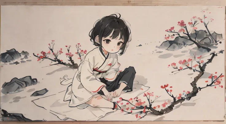 （tmasterpiece，best qualtiy：1.2），Tradition Chinese Ink Painting，child，（Lots of white space，The position of the little one is in the lower right corner）