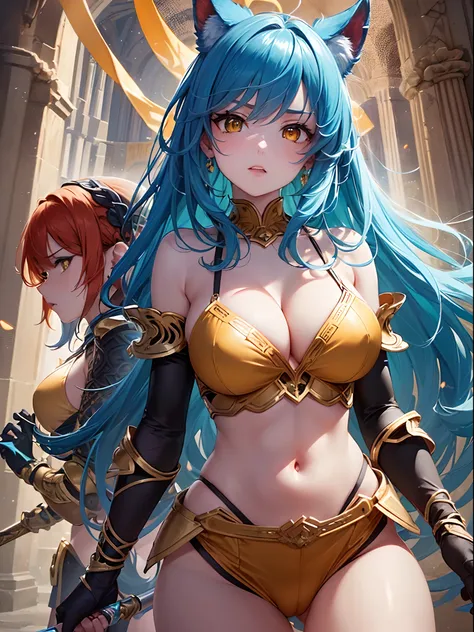 ((Finest quality)),(超A high resolution),(ultra-detailliert),((Best Anime)),sharpnes,Clair,Art with astounding depictions, (Two female gladiators standing side by side), (Blue hair,Yellow eyes,huge tit):1.3, (orange color hair,Red pupils and small breasts):...