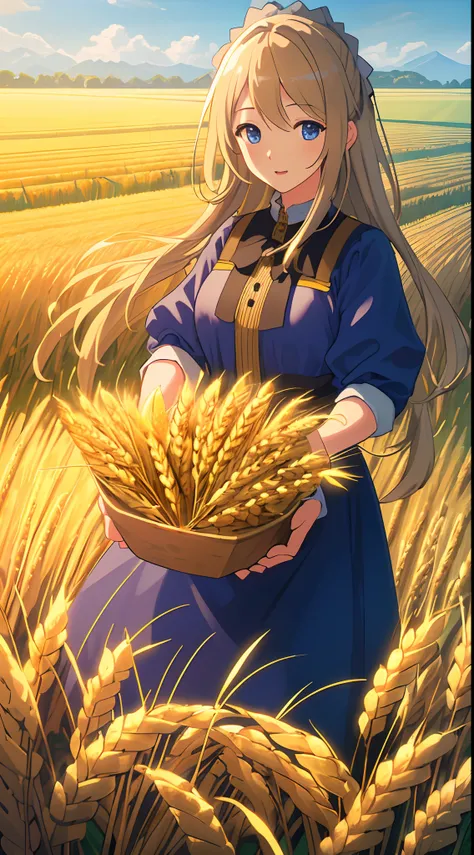 Masterpiece, best quality, (very detailed CG unified 8k wallpaper) (best quality), (best illustration), (best shade) nature harvest wheat, super meticulous , people working in the fields --v6