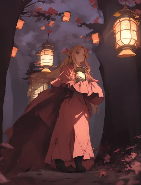 Anime girl in long dress carrying a lantern in the forest, girl under lantern, Guviz-style artwork, Beautiful anime artwork, Guviz, anime big breast. Soft lighting, Beautiful anime art, made with anime painter studio, Anime lighting, Anime fantasy illustra...