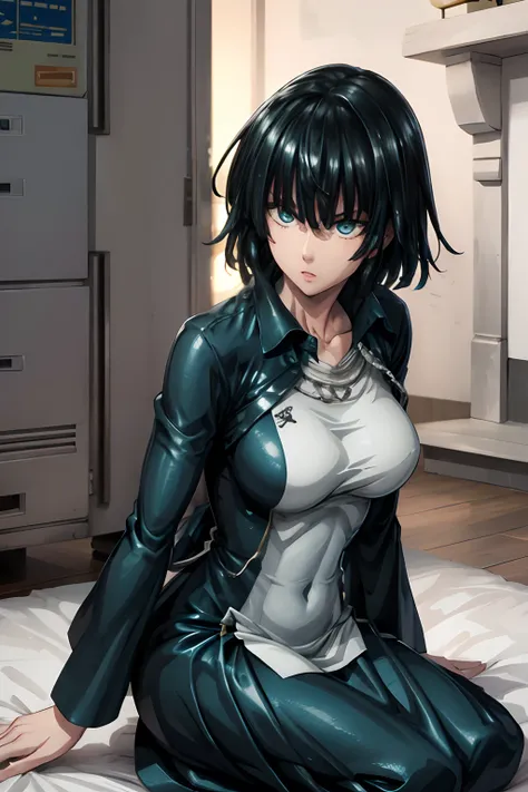 Fubuki, un primer plano de una mujer con un vestido plateado y azul, chica armadura