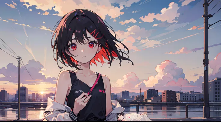 Short hair, Black hair, Flat chest, 1girll, Red eyes,teens girl,hair pin,Solo, A high resolution,(Plain clothe),En plein air