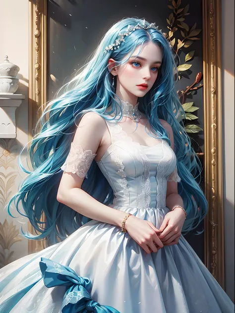 a women, blue hair, blue eyes, white dress