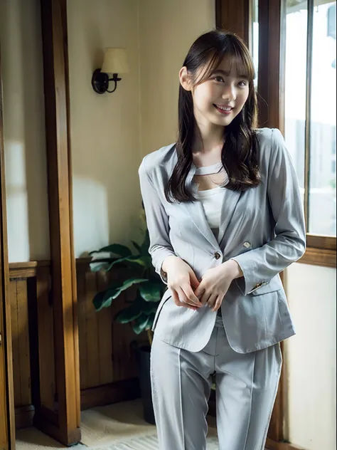 top-quality、超a high resolution、(photorealsitic:1.4)、女の子1人、gray pantsuit、office stairs、turned around、a little smile、unusual look、...