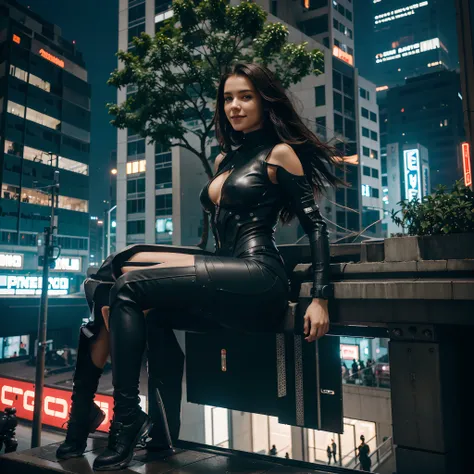 A futuristic cyberpunk style city with multiple cars flying,On a building came out a huge tree with huge branches,A young girl with an athletic body is sitting on the tree,ao seu redor,um Android voa ,She is grinning