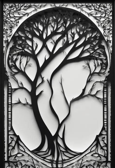 Black and white silhouette image of a tree with thick branches and no leaves