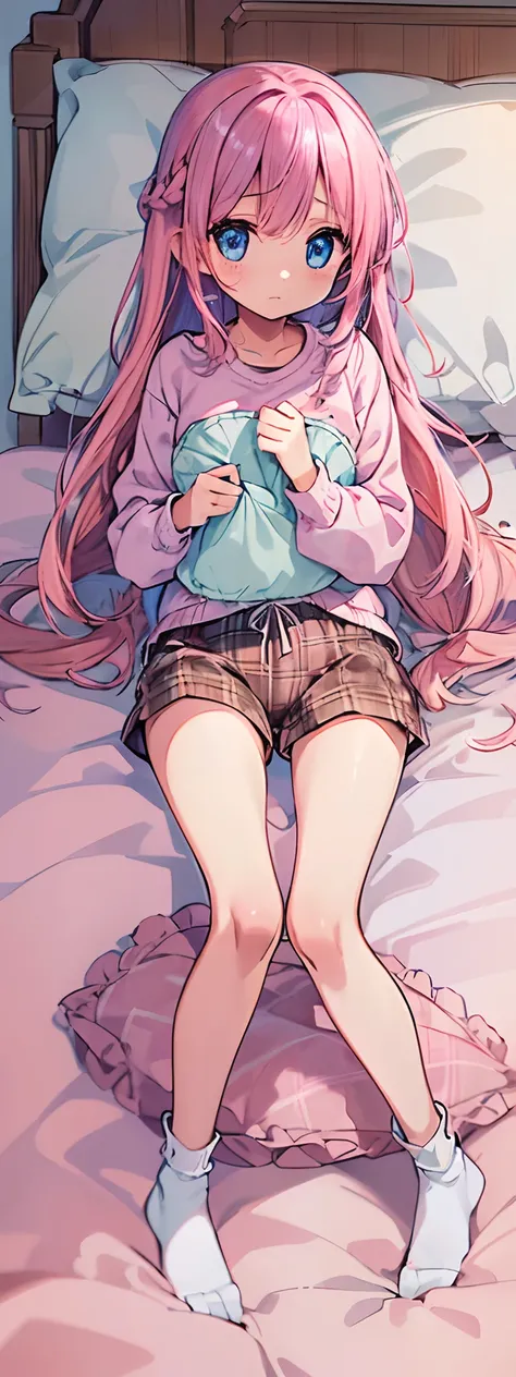 Beautiful illustration, Best Quality,(12-year-old girl:1.4)、(cute petit girl：1.5)、Lori、flat chest、 (Pillowcase、on the beds、Lie down:1.7)、(Pink Sweater:1.2)、(Cotton shorts、Brown plaid shorts：1.4)、(Cotton shorts with wide opening：1.2)、Autumn clothes、Gap betw...