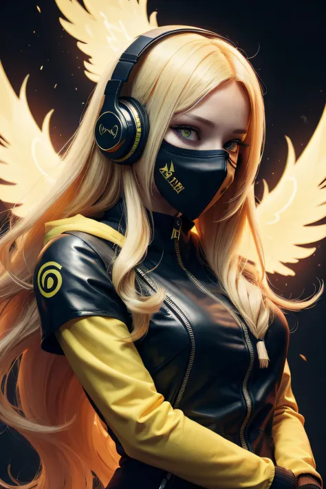 girl with long yellow hair, yellow eyes, futuristic vibes, mask on mouth, headphones, 8k, high quality, simple background, glowi...