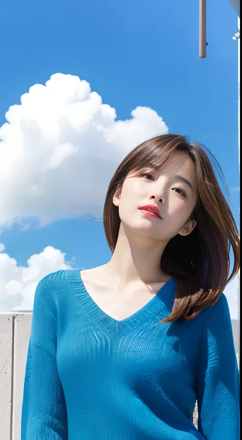 Wear only a slightly longer V-neck sweater，Brown-haired girl，Sunny with blue sky，Beautiful cloud、Beautifully trimmed pubic hair is slightly visible