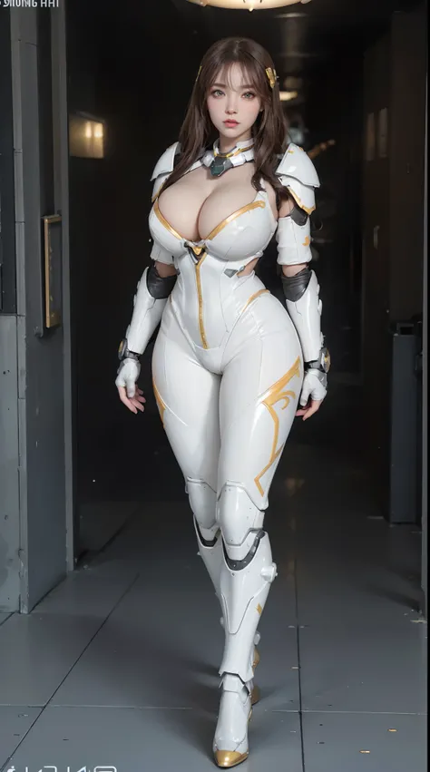 (1GIRL, SOLO: 2), (super detailed face), ((mecha golden phoenix head: 1)), (BIG BUTTOCKS, HUGE FAKE BREASTS: 1.5), (CLEAVAGE TOP: 1.5), (MUSCLE ABS: 1.3), (MECHA GUARD ARMS: 1.4), ((WEAR WHITE OVERWATCH GENJI ARMOR SUIT, BLACK MECHA SKINTIGHT SUIT PANTS, M...