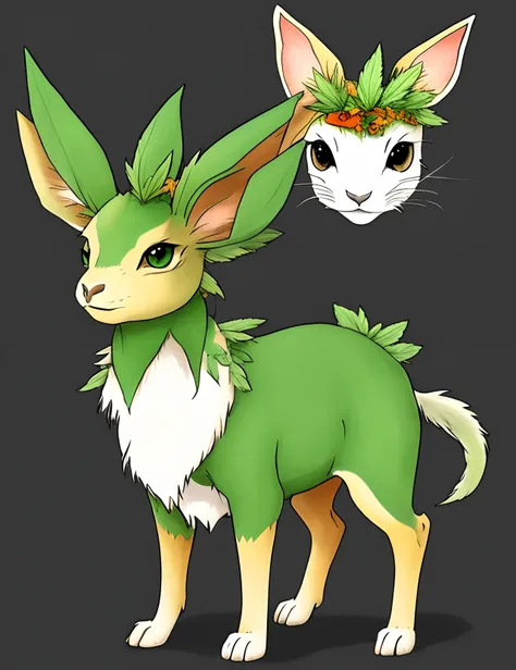 Digital colored sketch adoptable of a green Leafeon with marijuana leaves and red eyes in a standing pose