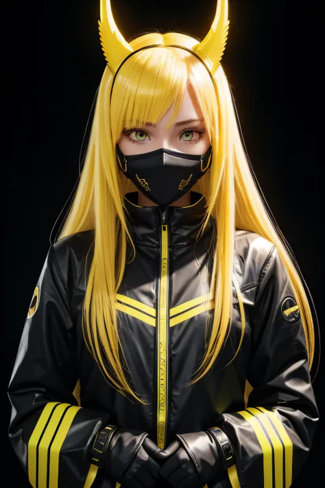 girl with long yellow hair, yellow eyes, futuristic vibes, mask on mouth, headphones, 8k, high quality, simple background, glowi...