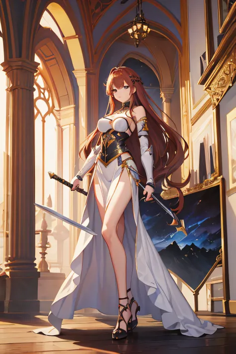 petit woman, six heads tall , knight with sword and shield , soft , long auburn hair that falls to her shoulders , mideival sexy armor ,anime style, high res , ultrasharp, masterpiece, fullbody, standing posing , d cup boobs