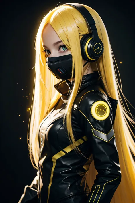 girl with long yellow hair, yellow eyes, futuristic vibes, mask on mouth, headphones, 8k, high quality, simple background, glowing eyes, nice pose