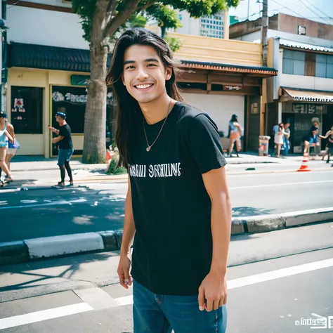 a black T-shirt　skater　 Smiling smile　Okinawa　Street style