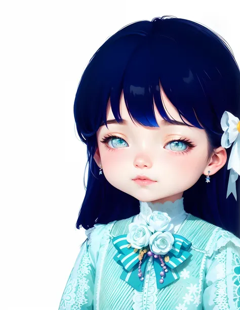 Uma jovem realista, with three-dimensional facial features, menina anime com cabelo preto e blusa azul com flor branca, kawaii retrato realista, Loli, Ela tem cabelo preto com franja, No Bowater Art Style, visual anime de uma menina bonito, inspirado em Ma...