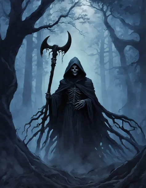 the grim reaper stands shrouded in mist, deep within an eerie and foreboding forest. his hooded cloak billows ominously, and ske...