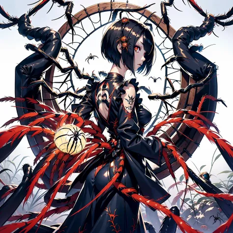 Beautiful girl fused with a spider. Girl in Japanese style maid costume. ((Female Solo. 1.1)) . hiquality. Dark fantasy style illustration. she has short hair. ratex. Shining eyes. Spider legs extending from behind her. tarantula. Embroidery with a spider ...