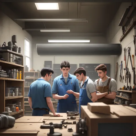 Three men in the workshop working With cars