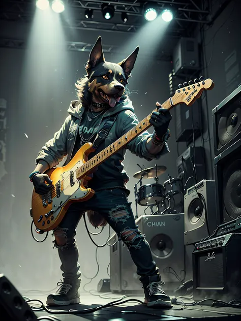 c4tt4stic,Cartoon of a rock singer playing an electric guitar、Chien doberman（Des performances intenses）