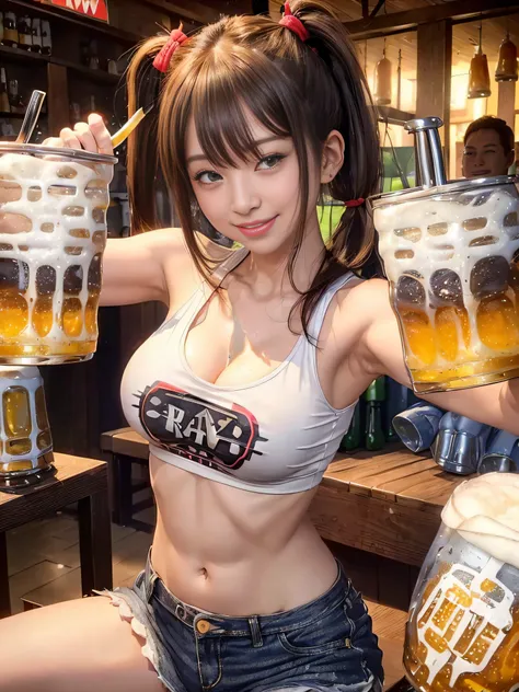 ((RAW image quality:1.4))、8K分辨率、Ultra-high-definition CG images、1 girl,A smile、Mouth open、tshirts,hotpants,((poneyTail:1.3)),((Cheers、beer:1.5)) Navel out、bending forward、cleavage of the breast,Izakaya、Intricate details, Hyper realistic, Perfect Anatomy