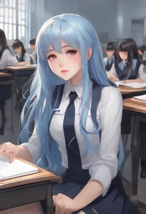 1girl in, Long light blue hair, Dark blue, Sit in class, Modern Uniforms for Black Schools, Anime