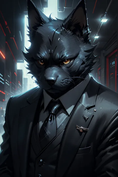 (man in black suit and tie)comic strip、anthropomorphic scottish terrier dog、cyberpunked