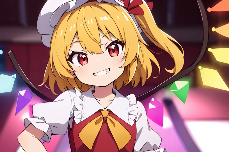 Anime style、Best Quality, 1girl in, Solo, （Flandre Scarlett staring at camera）、From upper body up、is standing、 beautiful countenance、A mischievous smile、Bad smile、Grinning、Eye Highlights、Petite、Red Eyes、bright yellow hair in the side tail,,、shortsleeves、ch...