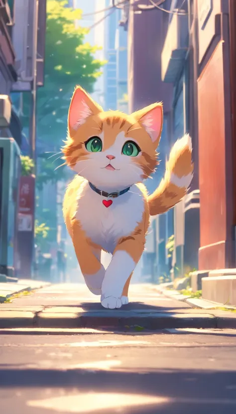 **[cutecore, Tiny magnetic cores, The heart of nature] A cute kitten walking sideways down the street, Looks fun, Pixar style eyes