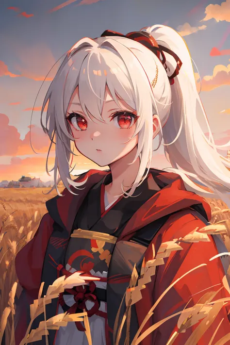 masterpiece, best quality, 1girl, portrait, white hair, ponytail, red eyes, samurai, wheat landscape, sun, clouds, (neutral colors), (hdr:1.4)