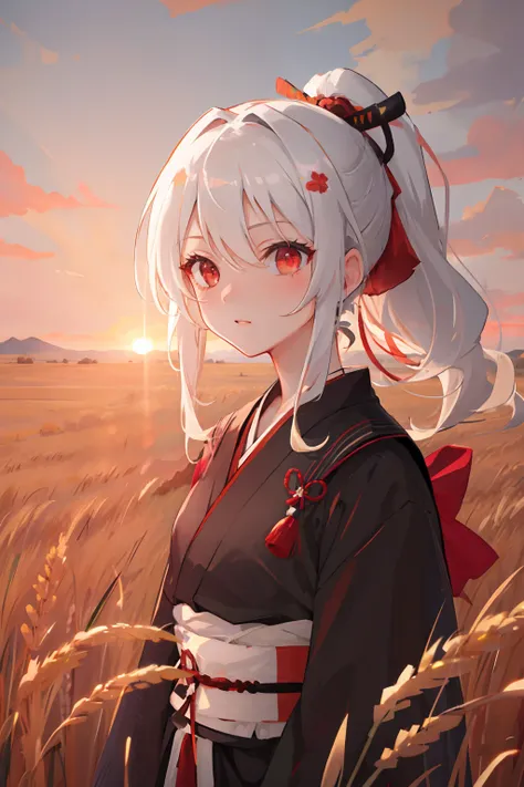 masterpiece, best quality, 1girl, portrait, white hair, ponytail, red eyes, samurai, wheat landscape, sun, clouds, (neutral colors), (hdr:1.4)