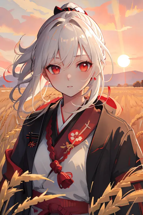 masterpiece, best quality, 1girl, portrait, white hair, ponytail, red eyes, samurai, wheat landscape, sun, clouds, (neutral colors), (hdr:1.4)