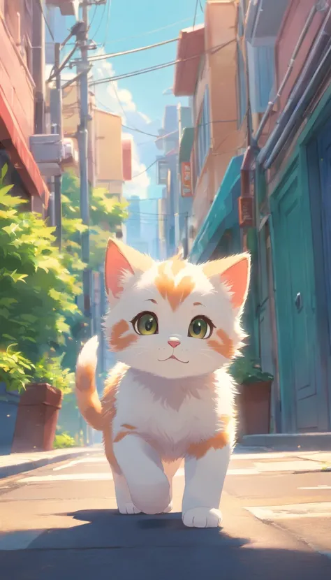 **[cutecore, Tiny magnetic cores, The heart of nature] A cute kitten walking sideways down the street, Looks fun, Pixar style eyes