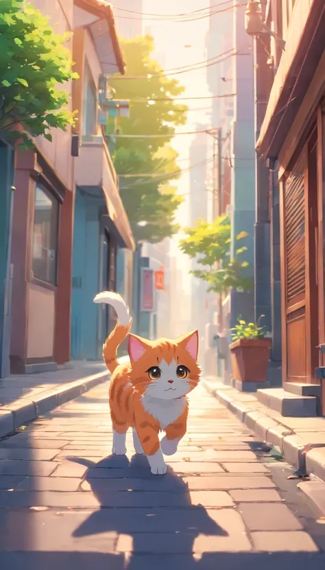 **[cutecore, Tiny magnetic cores, The heart of nature] A cute kitten walking sideways down the street, Looks fun, Pixar style eyes