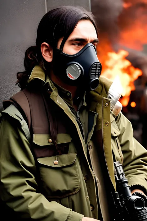 Hobo wearing military vest, long brown hair, wearing gas mask, holding a gun