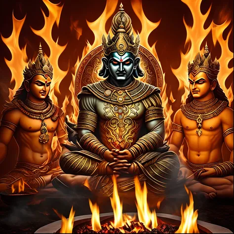 Ravan, with his ten heads, sits before a grand fire pit, surrounded by a circle of priests in a dark, sacred chamber. The flickering flames dance in the dimly lit room as Ravan begins the havan, chanting ancient Sanskrit mantras with a commanding presence....