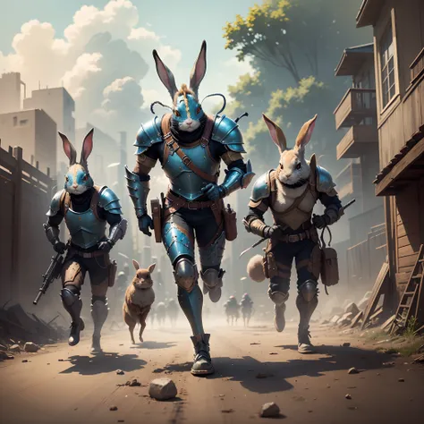 /imagine three running combat rabbits wearing full body armor and combat gear and carrying steampunk rifles, combat zone in the background, intricate details, 16k resolution, rendered in octane, artistic, water colors --auto --s2