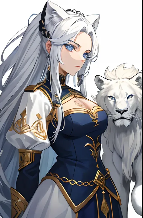 Garota negra, with dark blue eyes, white dreadlocks, and white lion-themed armor with black stripes, braceletes e tornozeleiras douradas em uma savana