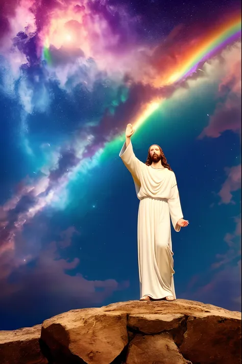 Jesus stood in the middle of the sky，Dream Sky，rainbowing，