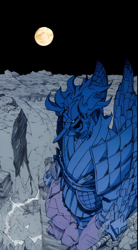 Theres a cartoon of a giant blue samurai on a rock, Lineart e cor limpas, color spread, colored manga panel, altamente detalhado e colorido, color manga panel, samurai colossal no fundo, lineart colorido, cell shaded anime intricate, Colorido digitalmente,...