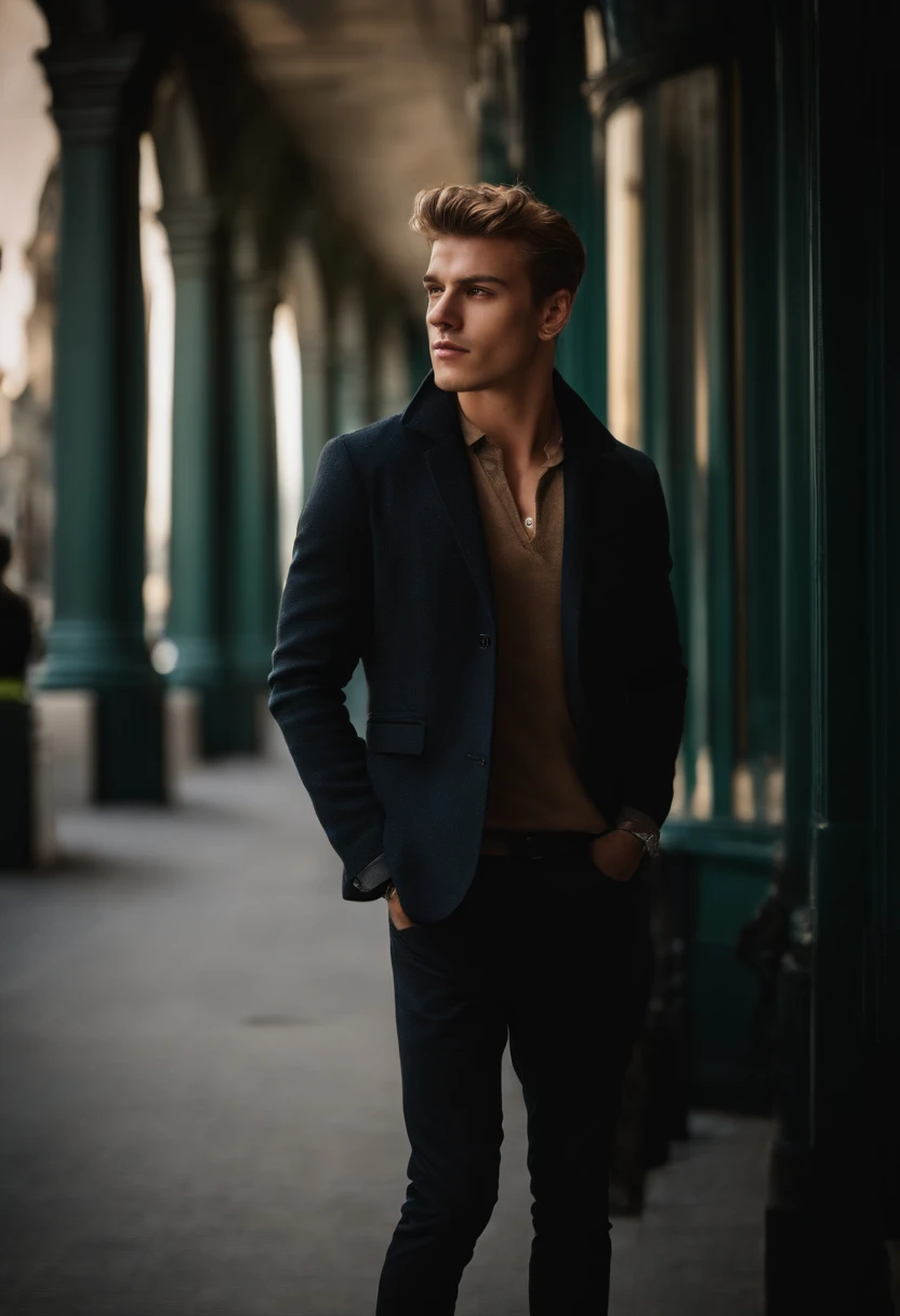 The enigmatic handsome male city traveler 24 year old look - Immerse yourself in sensual shadows that highlights striking eyes and short brown hair with blond highlights. The mastery of light and shadow adds depth to its masculine aspect in this dramatic c...