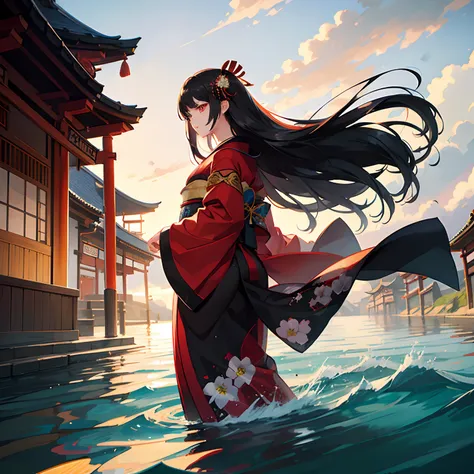 A dark-haired、length hair、Hair flowing in the wind、Traditional kimono、shrine maiden、Neutral facial features、Beautiful face、Red Eyes、troubled look、Bright background、Walking outdoors、Classic landscape、Landscape of flowing river