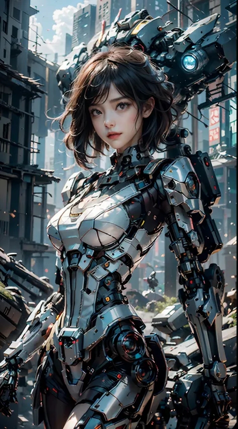 ((Best Quality)), ((Masterpiece)), (Very Detailed:1.3), 3D, Shitu-mecha, Beautiful cyberpunk girl with her pink mech in the ruins of a city in the forgotten war,shoulder length straight black short hair,flat chest,slim,thin,Ancient, technology, HDR (High D...