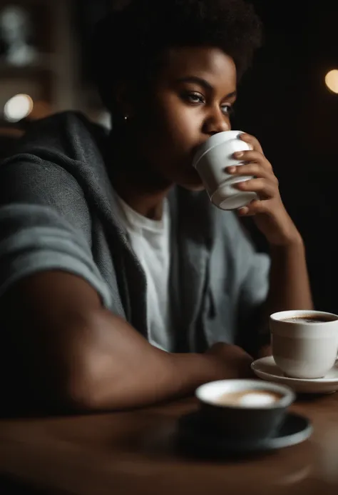 Portrait of a black teen chubby drinking coffee