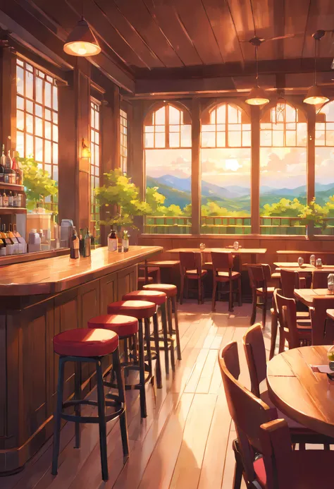 Cafe, Wine table and large windows, interior background art，a tavern