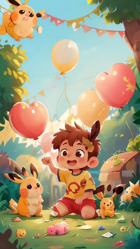 Um menino com camiseta do Pikachu, petting zoo, many balloons, feliz, feliz, qualidade perfeita, foco claro (desordem - casa: 0.8), (obra-prima: 1.2) (realista: 1.2) (bokeh) (melhor qualidade) (pele detalhada: 1.3) (detalhes intrincados) (8K) (olhos de det...