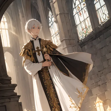 dark fantasy, short White haired, holy light cleric boy